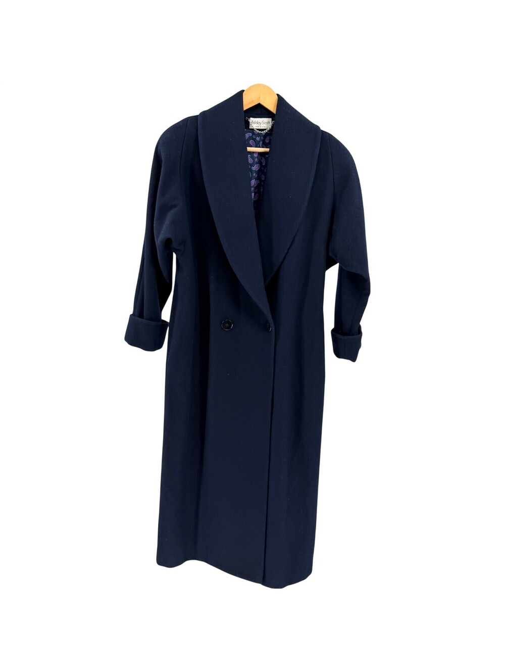 Vintage 80s Ashley Scott Navy Blue Wool Shawl Collar Coat